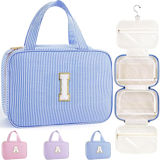 TOPEAST Travel Toiletry Bag for Women - Hanging Toiletry Bag Makeup Bag, Portable Toiletries Cosmetic Bag, Airplane Travel Essentials - Letter I, Blue