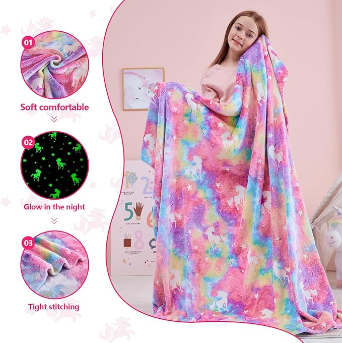 QSTEHEML Unicorn Glow in The Dark Blanket,Unicorn Gifts Toys for Kids Girl Age 3-12 Years Old,Birthday Gifts for Toddler, Teen,Christmas Birthday Bedroom Decor 50"×60"