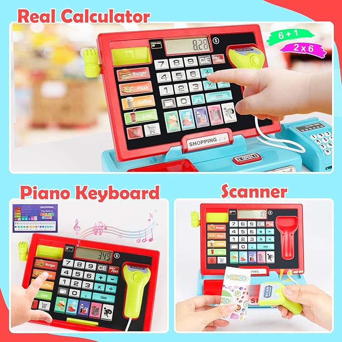 70Pcs Toy Cash Register for Kids Ages 4-8 with Scanner & Shopping Cart, Pretend Play Cash Register Playset for Girls Boys Toddler Grocery Store Set Christmas Girls for 3+ 4 5 6 7 8 Year Old