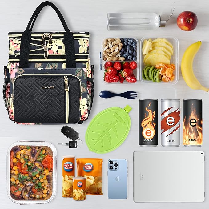 LOKASS Lunch Box & Lunch Bag for Women Men Double Deck, Large Insulated Adult Lunch Box Leakproof Lunchbox Cooler Bag for Work Picnic Beach,（Floral 16L）