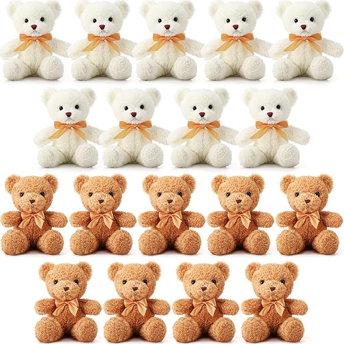 Lenwen 18 Pcs Bear Stuffed Animals Bulk 12 Inch Soft Plush Bears Doll Small Stuffed Toy for Boy Girl Baby Shower Valentines Christmas Birthday Decor Gift Party Favors(Light Brown, White)