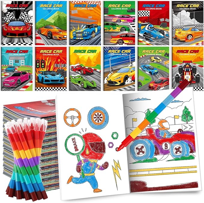 BenLouis 12 Race Car Mini Coloring Books Kids with 12 Stacking Crayons Racing Theme Party Favors Small Activity Books Bulk for Kids Fast Racecar Wheel Birthday Party Gift Goodie Bag Stuffers