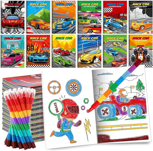 BenLouis 12 Race Car Mini Coloring Books Kids with 12 Stacking Crayons Racing Theme Party Favors Small Activity Books Bulk for Kids Fast Racecar Wheel Birthday Party Gift Goodie Bag Stuffers