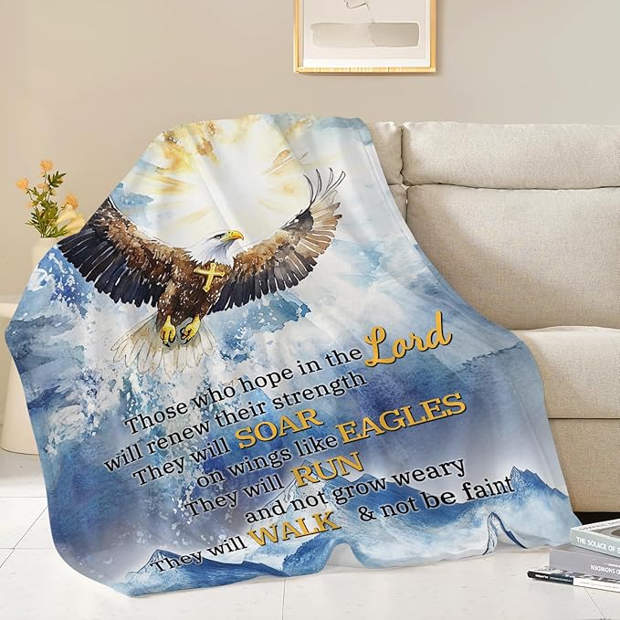 Bald Eagle Blanket Christian Faith Religious Bible Verse Inspirational Scripture Throw Catholic Spiritual Gifts for Adults Women Men Kids Girls Boys Plush Fuzzy Fleece Blanket Decor 40''X50''