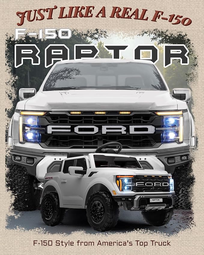 First Ride On Licensed Ford F-150 Raptor 12V Kids Ride on Truck, Ride on Toys for Toddlers with Remote Control, Electric Car for Kids with Truck Bed Storage, Smooth Start, Music, Bluetooth (White)