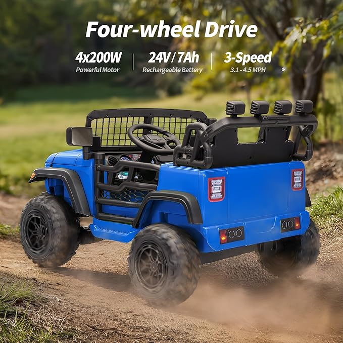 2 Seater Ride on Car Toy, 24V 4WD Electric Car for Kids 4-8 with Remote Control, 4x200W Motors, Capacity 110 lb - Blue