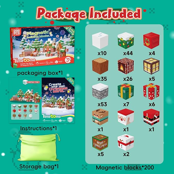 Magnetic Blocks, 200PCS Magnetic Building Block Cubes, STEM Montessori Sensory Toys for Kids Boys Girls Ages 3 4 5 6 7 8 9 10 (Christmas Version)