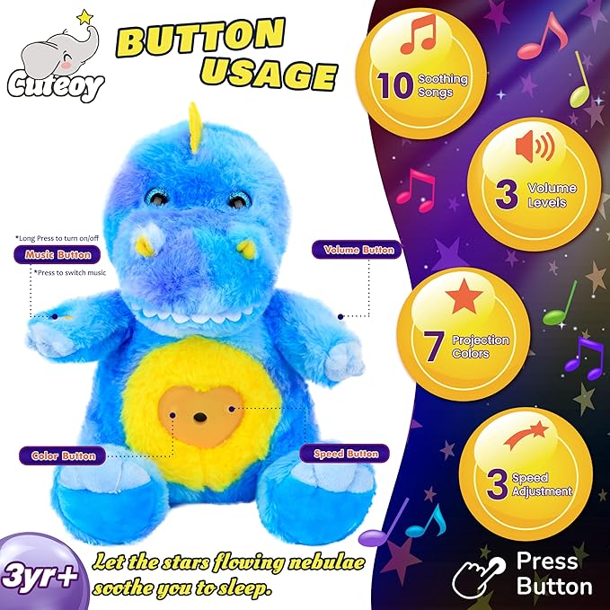 Cuteoy Plush Blue Dinosaur Star Projector Musical Adjustable Singing Night Light Stuffed Animals Glowing T-Rex Plushies Toy Gifts for Kids Birthday Easter Christmas,11''