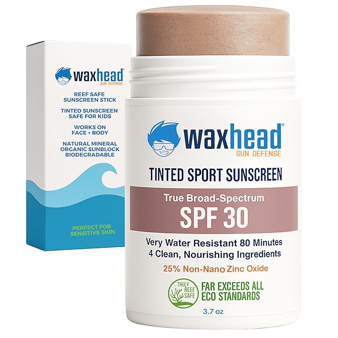 Waxhead Tinted Zinc Sunscreen Stick Face SPF 30 - Reef Safe Sunscreen, Tinted Zinc Oxide Stick Biodegradable, Waterproof, Skin Tone, Food-Grade, Non-Nano, Natural Non-Toxic Kids, Surfing (Tint, 3.7oz)