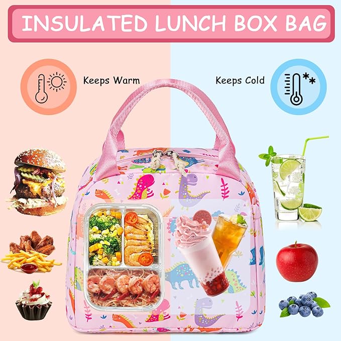 CAMTOP Lunch Box Kids Insulated Lunch Bag Large Reusable Leakproof Cooler Lunch Bags for Boys Girls School Travel Picnic (Pink Dinosaur)
