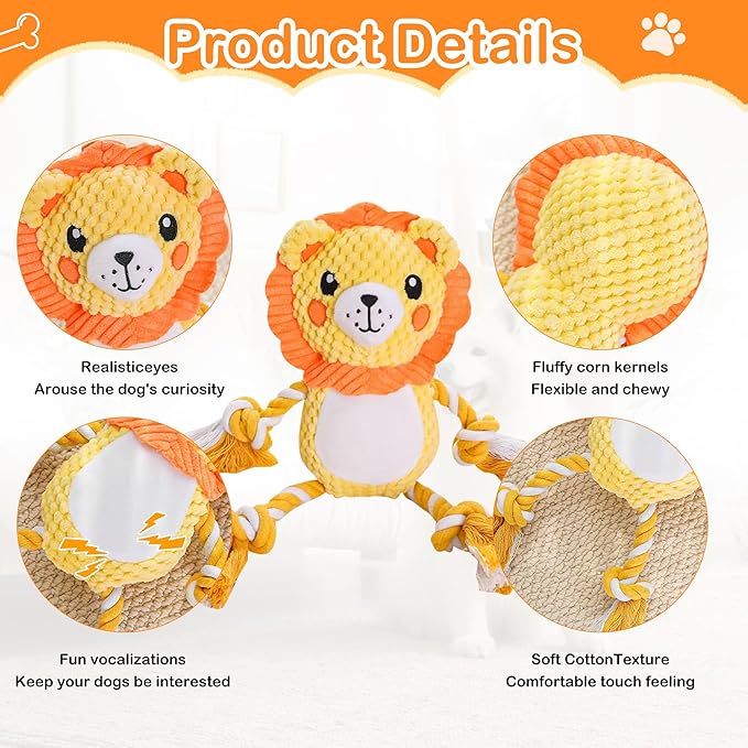 Squeak Dog Toys Stuffed Plush for Small & Medium Breeds - Soft Chew Fabric, Interactive Indoor/Outdoor Play, Perfect for Puppy Teething - Ideal Pet Gift, Lion
