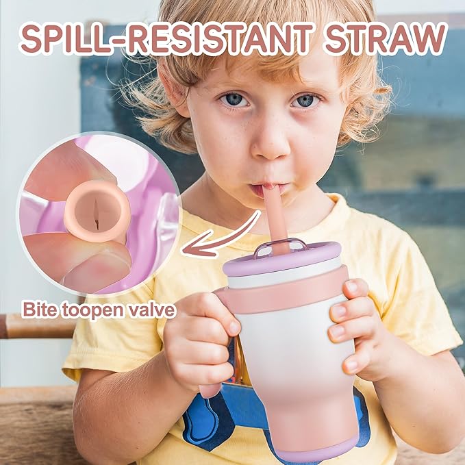 14oz Toddler Sippy Cup Vacuum Insulated Stainless Steel Kids Cup with Handle, Spill-Proof Straw, Leak-Proof Travel Cup for Home or On-the-Go
