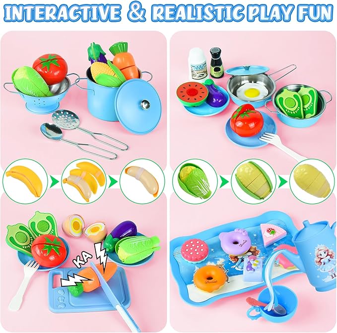 105Pcs Kids Kitchen Playset, Play Kitchen Accessories, Pretend Play Food Tea Party Set, Toy Kitchen Kids Cooking Real with Apron＆Chef Hat, Utensils Cookware, Toy Organizer, Birthday Gift for Toddler