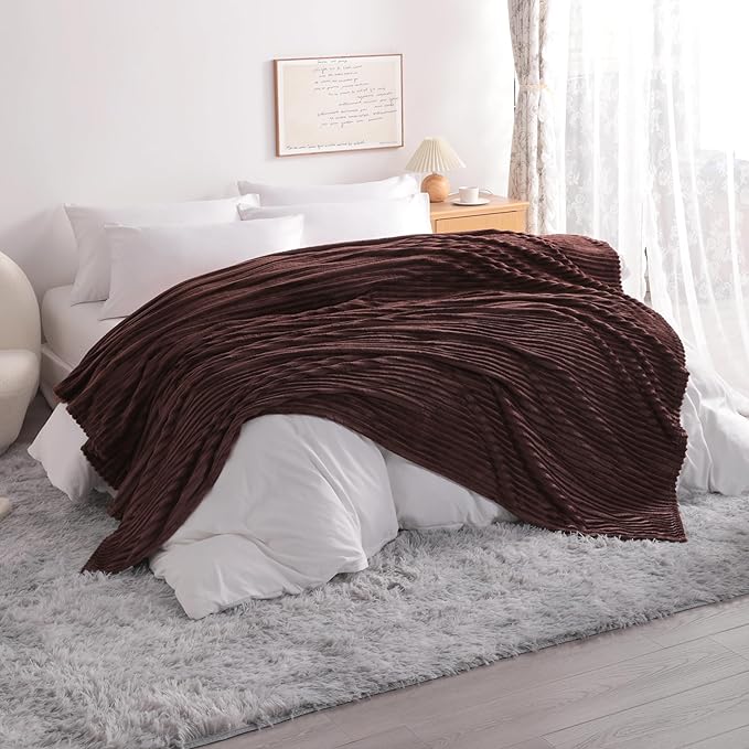 NTBAY Plush Flannel Twin Bed Blanket, 60x80 Inches Soft and Warm Lightweight Bed Blanket with Striped Texture for Couch, Sofa, All Seasons, Brown