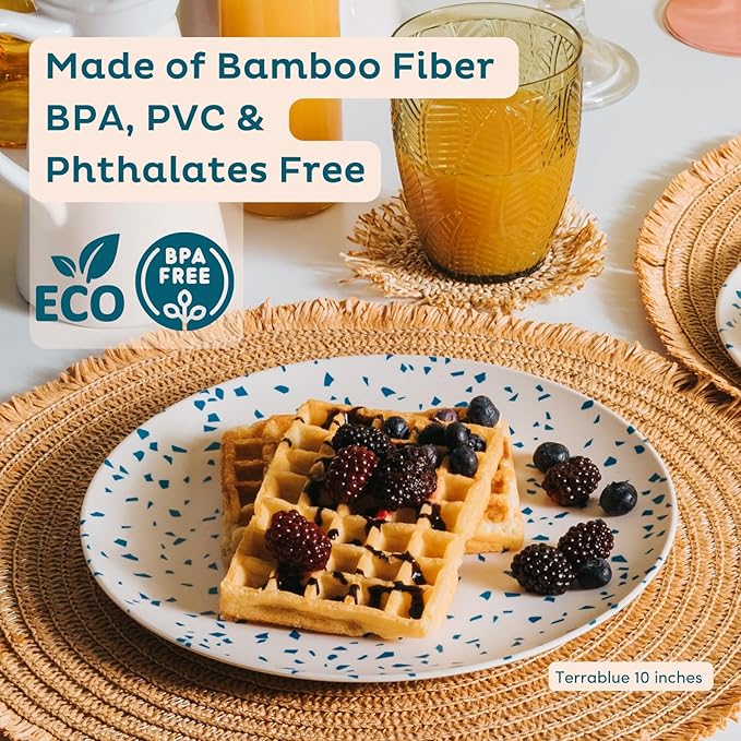 Nook Theory 4 Pack Reusable Bamboo Plates - Non-Toxic Toddler and Kids Plate, Dishwasher Safe, Not Microwavable Dinnerware (Terrablue 8")