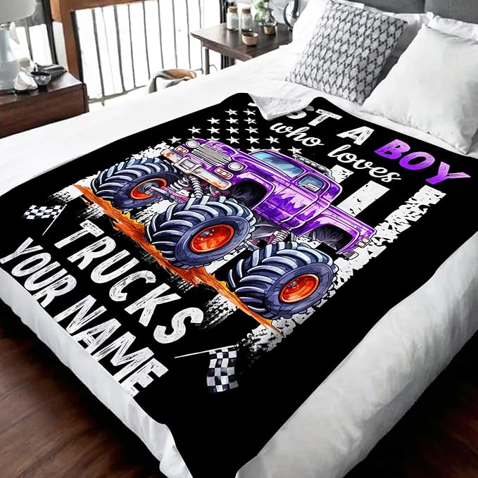 Personalized Truck Blanket for Kids Teens Boys - 40x50 Inches Cute Truck Throw Blanket Gifts for Truck Lovers - Custom Black Soft Fuzzy Car Stuff Decor for Couch Bed Sofa