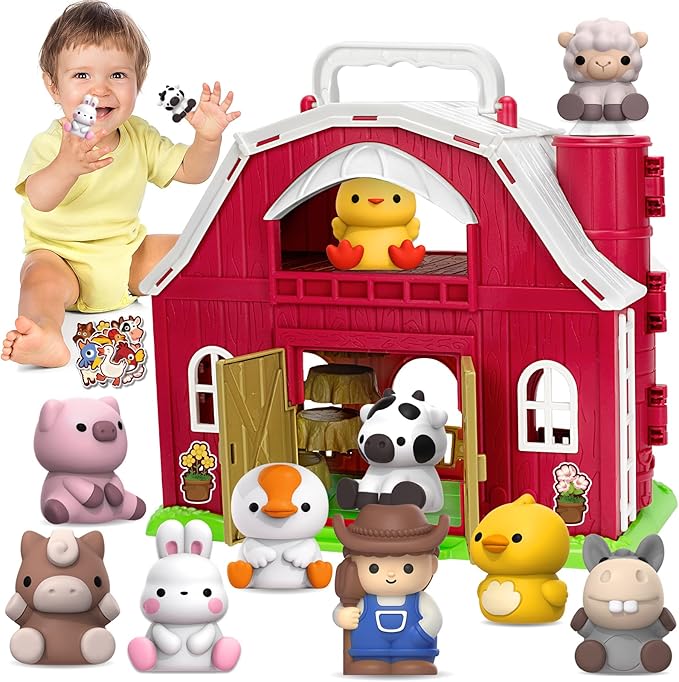 KMUYSL Toys for 1+ Years Old Boys Girls, Big Red Barn Farm Animal Playset for 1-3 Years Old, Learning Montessori Toys, Christmas Easter Birthday Gift for Baby Kids Toddlers Age 12+Months