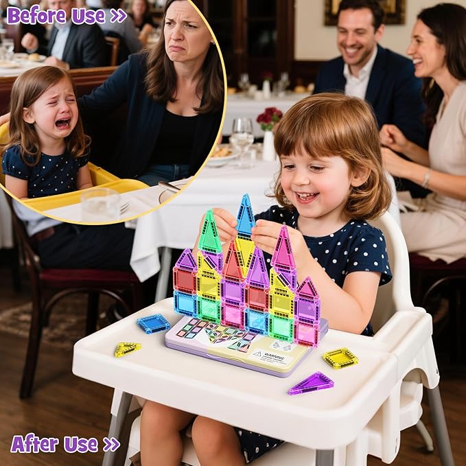 42-Piece Mini Magnetic Tiles Travel Set with Metal Storage Box - Portable STEM Building Blocks for Kids Ages 3-8, Montessori Educational Toys for Airplane & Car Rides, Gift for Boys & Girls