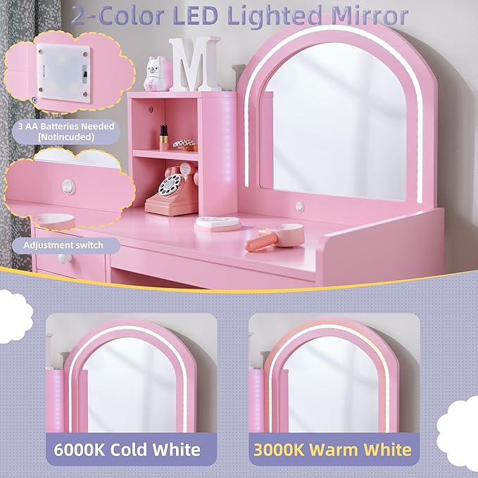 Kids Princess Vanity Set with Drawer, Storage Shelves & Lighted Mirror, 2 in 1 Toddler Makeup Vanity with Stool for Little Girls (Pink)