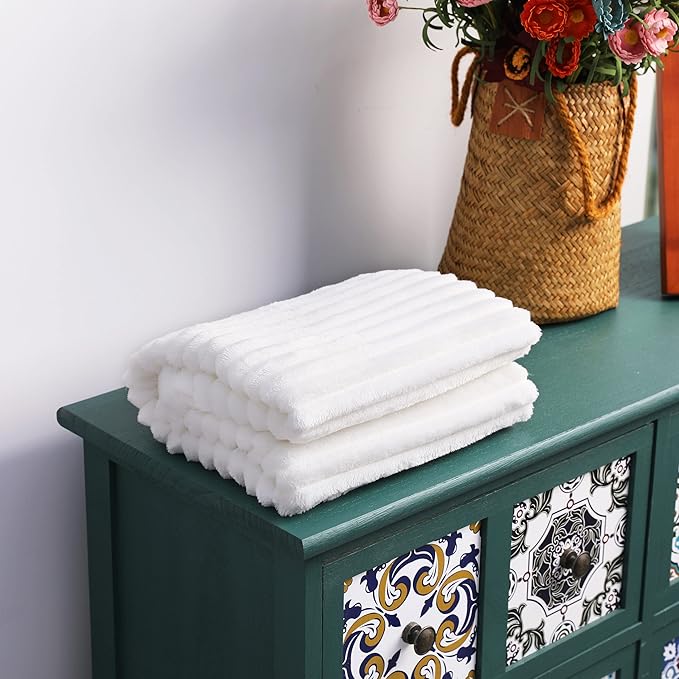 NTBAY Plush Flannel Baby Blanket, Soft and Warm Toddler Blanket with Striped Texture for Stroller, Crib, Travel, 30x40 Inches, White