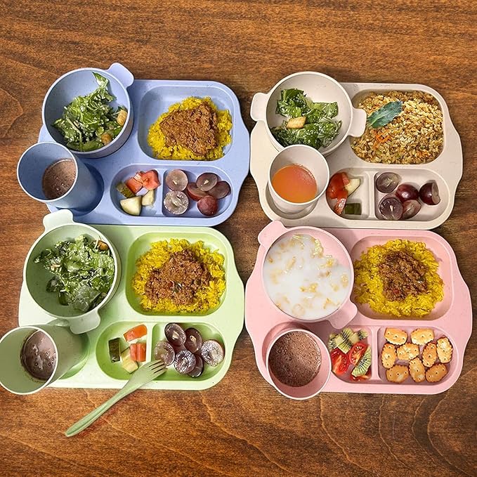 shopwithgreen Wheat Straw Dinnerware Cutlery Set, 20 PCS Kids Toddlers Divided Plates and Bowls Sets, Microwave Unbreakable Tableware Spoon Knife Cup, Dishwasher Safe for Kitchen Picnic School