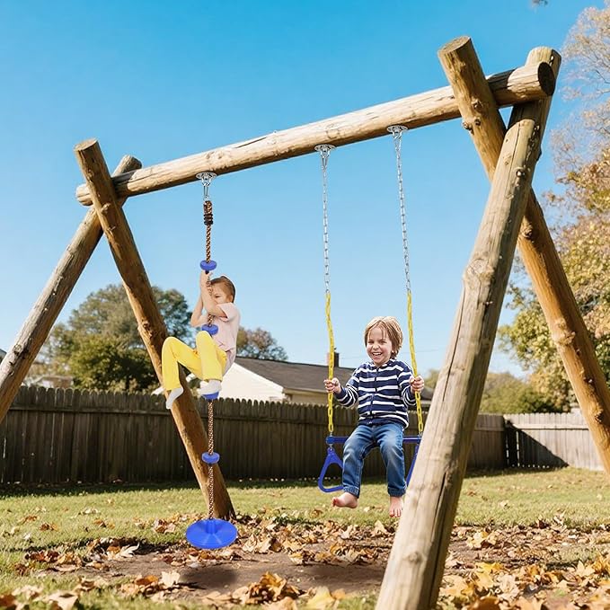REDCAMP Outdoor Kids Swingset, Trapeze Swing Bar and Climbing Rope with Heavy Duty Coated Chains and Carabiners, Backyard Playground Accessories (Blue)
