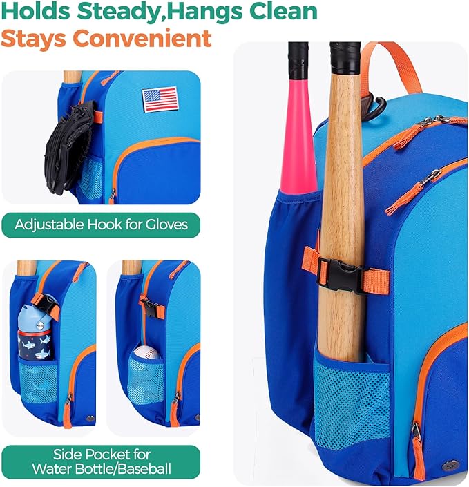 Choco Mocha Kids Baseball Bag, Large Youth Baseball Backpack Softball Bag for Girls T-Ball with Bat Holder