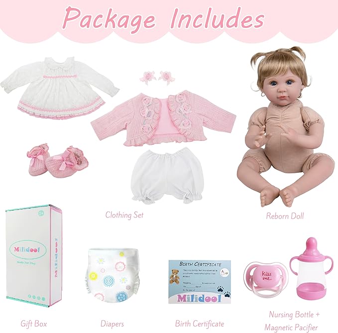 Milidool Lifelike Reborn Baby Dolls Girl - Realistic Newborn Silicone Real Life Baby Dolls with Complete Feeding Toy Accessories Set for 3+ Year Old Girls Gifts, Pretend Play, Collection