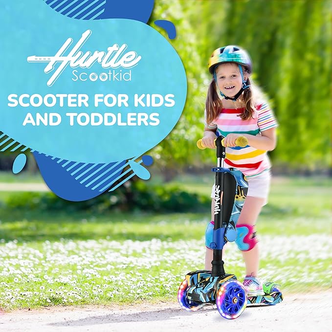 Hurtle 3-Wheeled Scooter for Kids - Wheel LED Lights, Adjustable Lean-to-Steer Handlebar, and Foldable Seat - Sit or Stand Ride with Brake for Boys and Girls Ages 1-14 Years Old