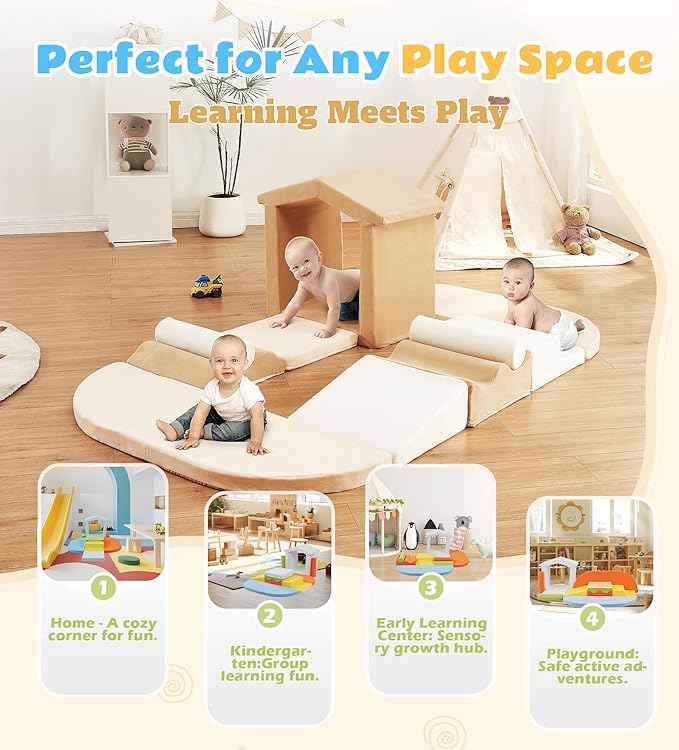 10-Piece Foam Climbing Blocks with Ramp & Stairs for Toddlers,Soft Play Gym Set,Foam Toddler Climbing Toys for Indoor Crawling,Sliding & Creative Play-Classic Color