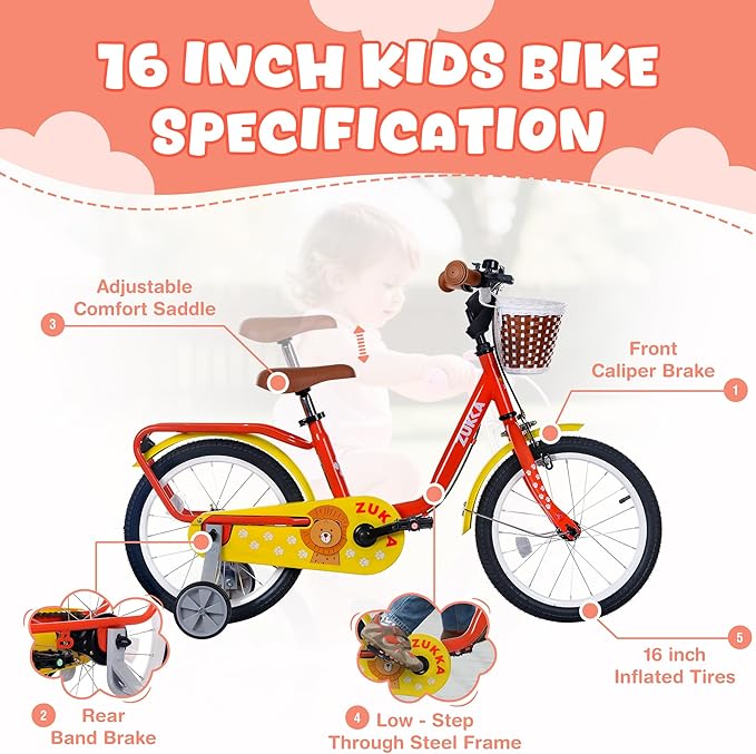 MEGHNA 16 inch Kids Bike Low - Step Through Frame Bike with Detachable Training Wheels Basket Adjustable Seat with Bell C Brake and Band Brake for 4-7 Years Old Child Boys Girls, Easy Ride