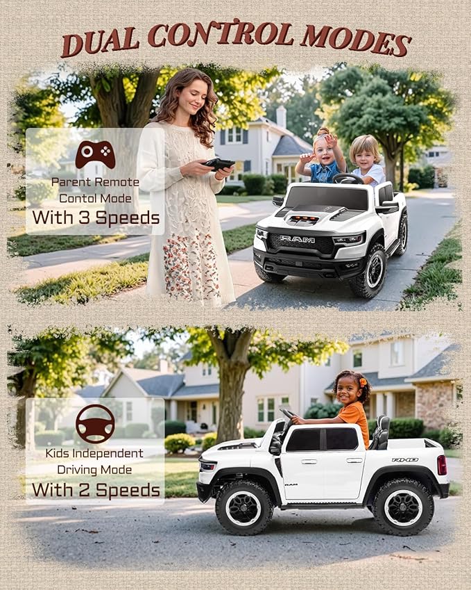 2 Seater Electric Car for Kids, Licensed RAM 1500 RHO 24V Ride on Truck w/Remote Control, Toddler Ride on Toys w/Bluetooth, LED Lights, Spacious Truck Bed, Gear Shifter & Soft Start (White)