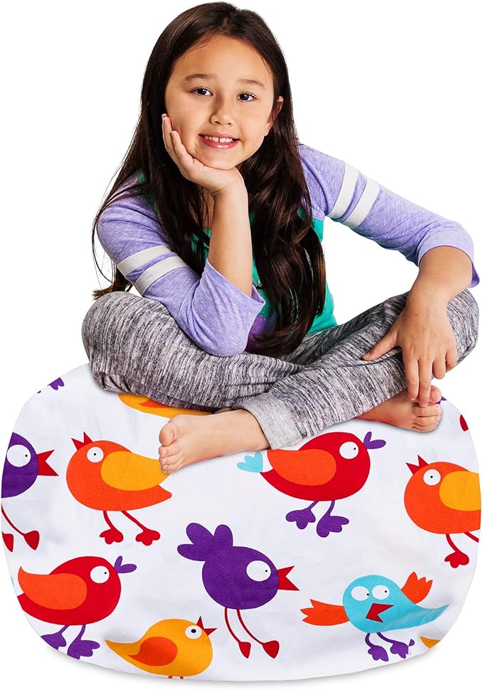 Posh Creations Stuffable Kids Stuffed Animal Storage Bean Bag Chair Cover - Childrens Toy Organizer Medium 27" - Canvas Birds on White