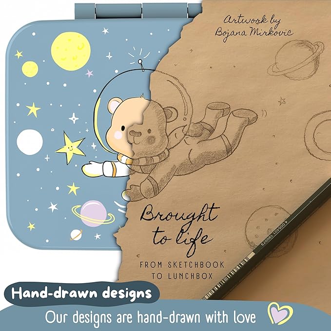 Kids Lunch Box with Compartments – Compact & Lightweight | Leak-Proof, BPA-Free, Dishwasher & Microwave Safe | Hand-Drawn Design for Preschool, School, Travel (Astro Bear Blue, 2.75 Cups)