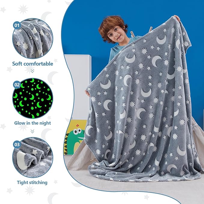 QSTEHEML Moon Glow in The Dark Blanket,Star Gifts Toys for Kids Boy Birthday Christmas Bedroom Decor for Age 3-12 Years Old Toddler Teens Child Grandkids Soft Luminous Blanket 50"×60"