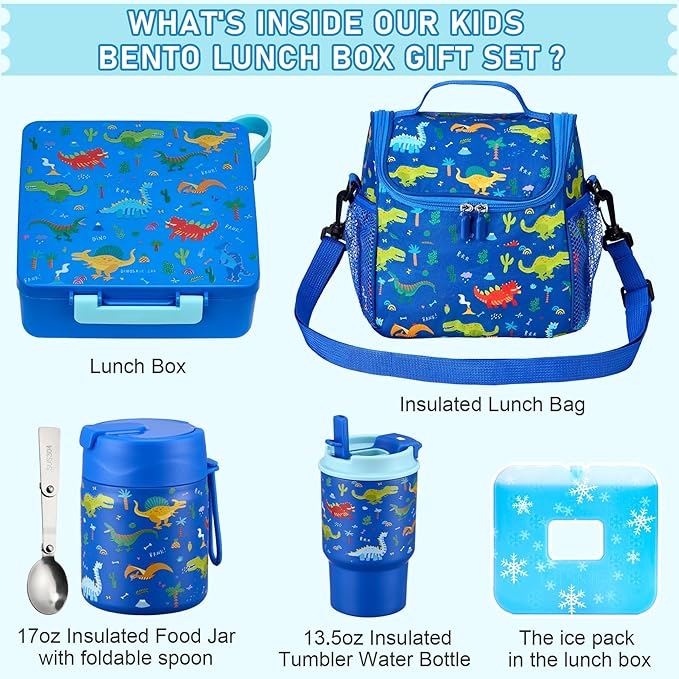 Bento Lunch Box for Kids with 17oz Soup Thermo,Insulated Tumbler Water Bottle and Insulated Lunch Bag,Leak-Proof 3 Compartment Lunch Food Container with Ice Pack for Kids to School-Dinosaur
