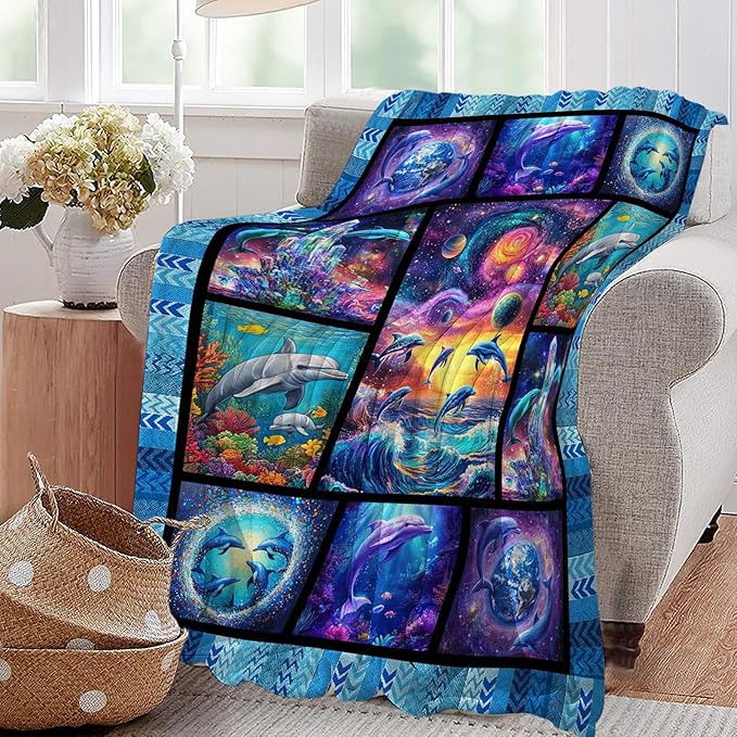 Dolphin Blanket, Ocean Dolphin Throw Blanket, Blue Sea Gifts Blankets Stuff Fleece Flannel Plush for Women Men Boys Girls Lovers Adults Soft Bedding Gift for Sofa Bed Office Home Decor 80"x60"