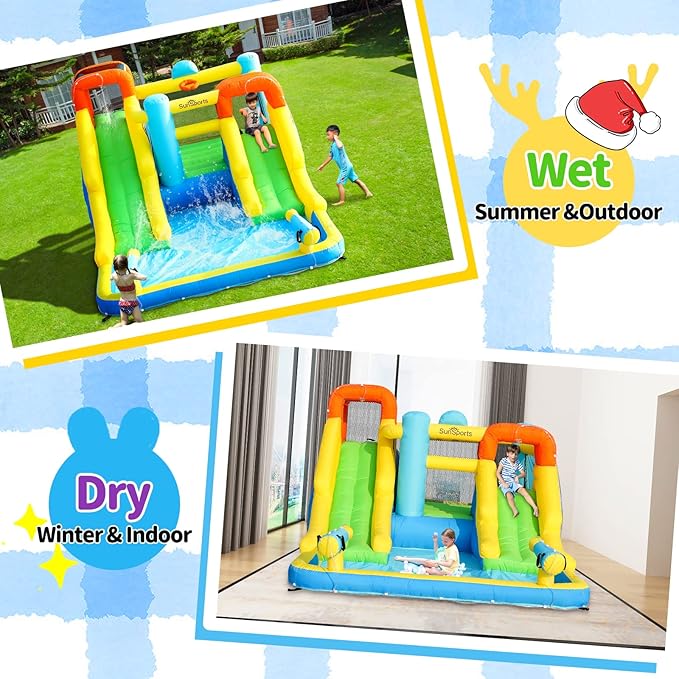 Inflatable Water Slide,Bouncy Castle for Kids Outdoor,7 in 1 Dual Waterslide Bounce House with Water Cannon,Inflatable Water Park with Jump House,Water Slides for Kids Backyard Party