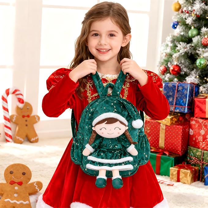 Gloveleya Plush Backpacks Toddler Backpack Removable Doll and Backpack Baby Girl Gifts for 2 to 8 Years Girl Birthday Gifts with Green Doll