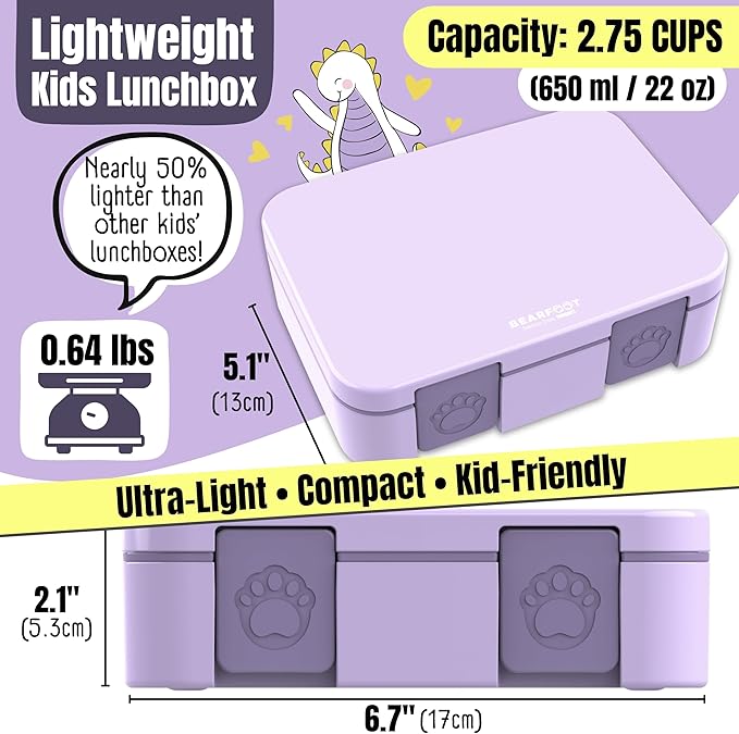 BEARFOOT Kids Lunch Box with Compartments – Compact & Lightweight | Leak-Proof, BPA-Free, Dishwasher & Microwave Safe | Hand-Drawn Design for Preschool, School, Travel (Purple, 2.75 Cups)