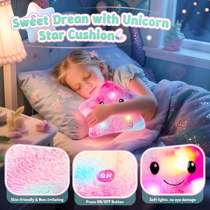 13PCS Mermaid Toys Gifts for Girls 4-6 7 8 9 10 Years Old, Girls Birthday Gifts Set with Light Up Star Pillow DIY Water Bottle Kits, for Daughter Niece Christmas Birthday Baskets for Kids
