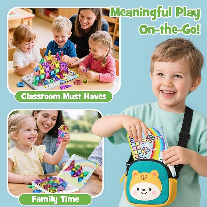 Magnetic Tiles Travel Toys for Kids 4-8, 42PCS Candy Color STEM Building Blocks with Visual Storage Guide & Metal Case, Airplane Activities & Toddler Travel Essentials Ages 3-5