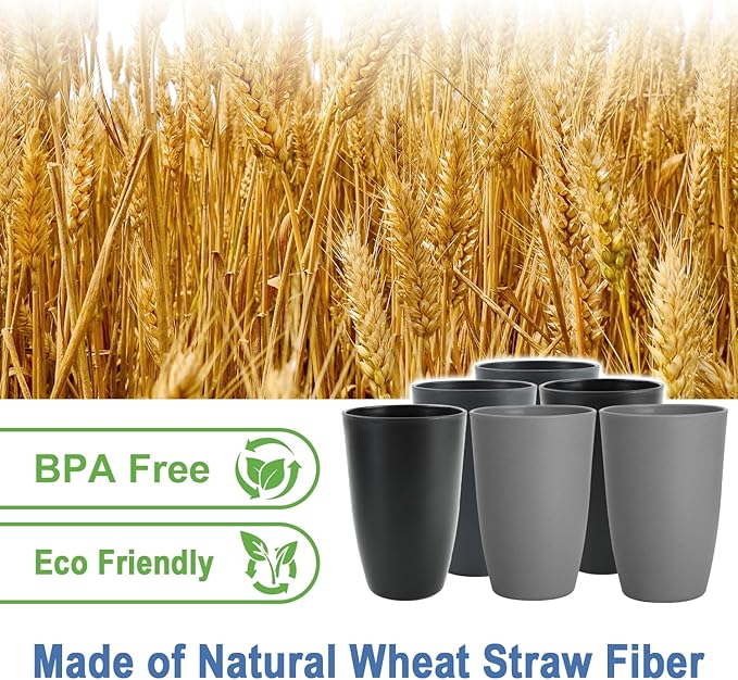 Wheat Straw Cups 20 OZ Set of 6, Unbreakable Drinking Cup Reusable, Alternative to Plastic Cups Reusable, Kitchen Water Tumblers Dishwasher and Microwave Safe (Black, Grey)