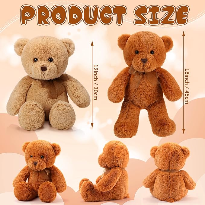 HyDren 2 Pack Plush Bear Stuffed Animals 18 Inch Cuddly Stuffed Bear Plushies with Bow for Birthday Gifts Baby Shower Party Favor Decors Operation Christmas Bulk(Light Brown,Brown)