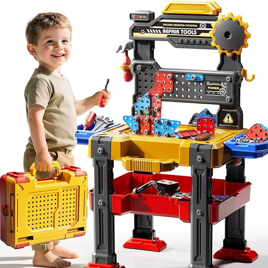 2 in 1 Workbench Tools Toys Set with Sound for Toddlers Aged 3-5, 145 PCS Educational Construction Mechanic Toolbox for Boys Girls, Pretend Play Toys Birthday Gift for Kids 3 4 5 6 Years Old