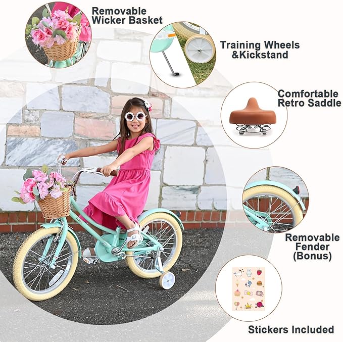 Glerc Little Molly 12-20 Inch Kids Retro Cruiser Bike for 2-13 Year Old with Wicker Basket & Training Wheels/Kickstand, Multiple Colors