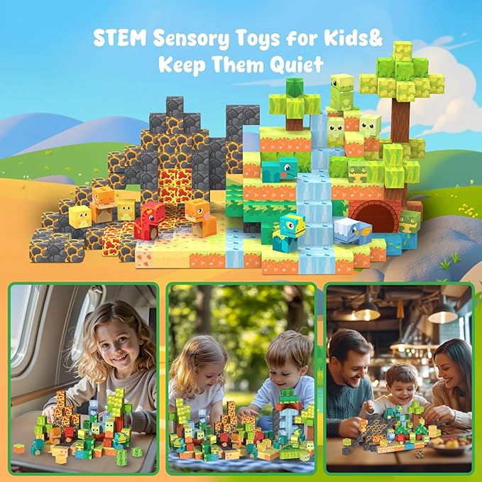 Magnetic Blocks— 120PCS Magnet Toys for Kids, Magnetic Building Blocks Cubes, Montessori Sensory Stacking Magnets, School STEM Toys Birthday Gifts for Boys and Girls Age 3+ Years Old (Dinosaur)