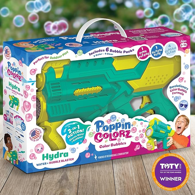 PoppinColorz Hydra Rechargeable 2-in-1 Color Bubbles Blaster & Water Gun:2025 Toy of The Year Winner. 2X Color Bubble Liquid & 4X Clear No-Spill. Bubble Solutions for Toddlers. Bubbles Made in USA