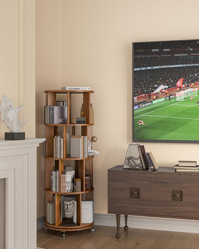 4-Tier Solid Wood Rotating Bookshelf on Wheels, 360° Spinning Book Shelf Tower, Round Revolving Bookcase Organizer, Rolling Bookshelves for Small Spaces, Corner, Bedroom, Kids Room, Office, Walnut