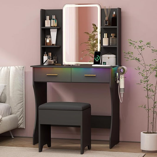 Small Vanity Desk with Mirror and Lights, Makeup Vanity Table Set with 3 Lighting Modes & Adjustable Brightness, Power Outlet, Storage Drawers, Cushioned Stool, Dressing Table for Women Girls